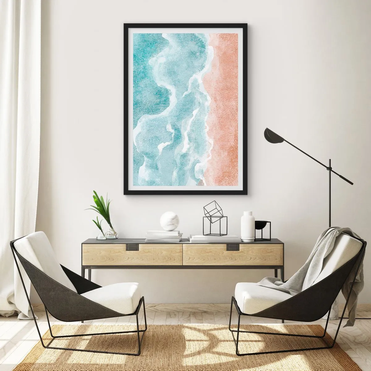 Poster in een zwarte lijst - Oceaan golven die het zandstrand raken - 50x70cm - Wolkenabstractie - Moderne wanddecoratie voor woonkamer en slaapkamer ARTTOR