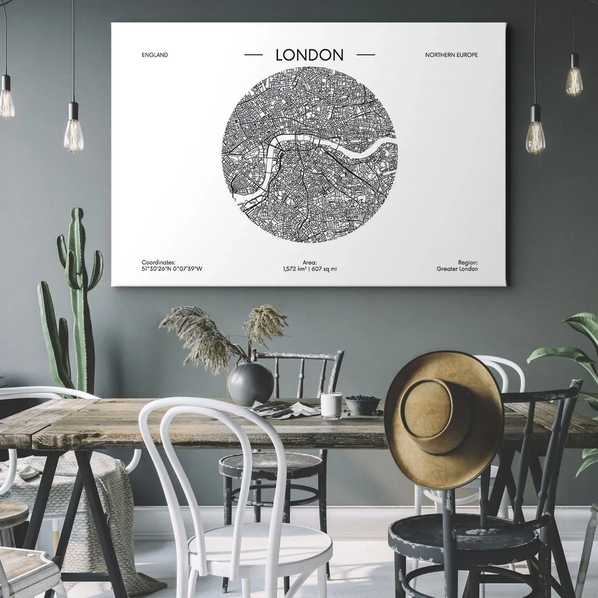Schilderen op canvas - Een minimalistische kaart van Londen in zwart-wit met nauwkeurige details. - 70x50cm - Anatomie van Londen - Moderne wanddecoratie voor woonkamer en slaapkamer ARTTOR