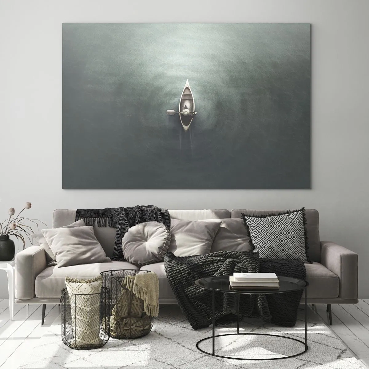 Schilderen op glas - Een eenzame boot die drijft op een kalm, groen meer - 70x50cm - Door het maanmeer - Moderne wanddecoratie voor woonkamer en slaapkamer ARTTOR