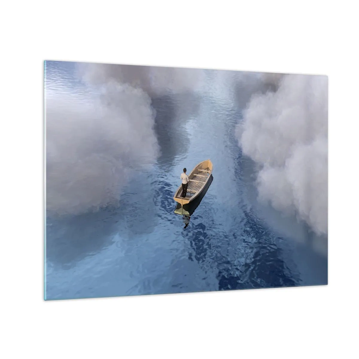 Schilderen op glas - Een man in een boot die door het water tussen de wolken vaart - 70x50cm - Leven – reis – onbekend - Moderne wanddecoratie voor woonkamer en slaapkamer ARTTOR