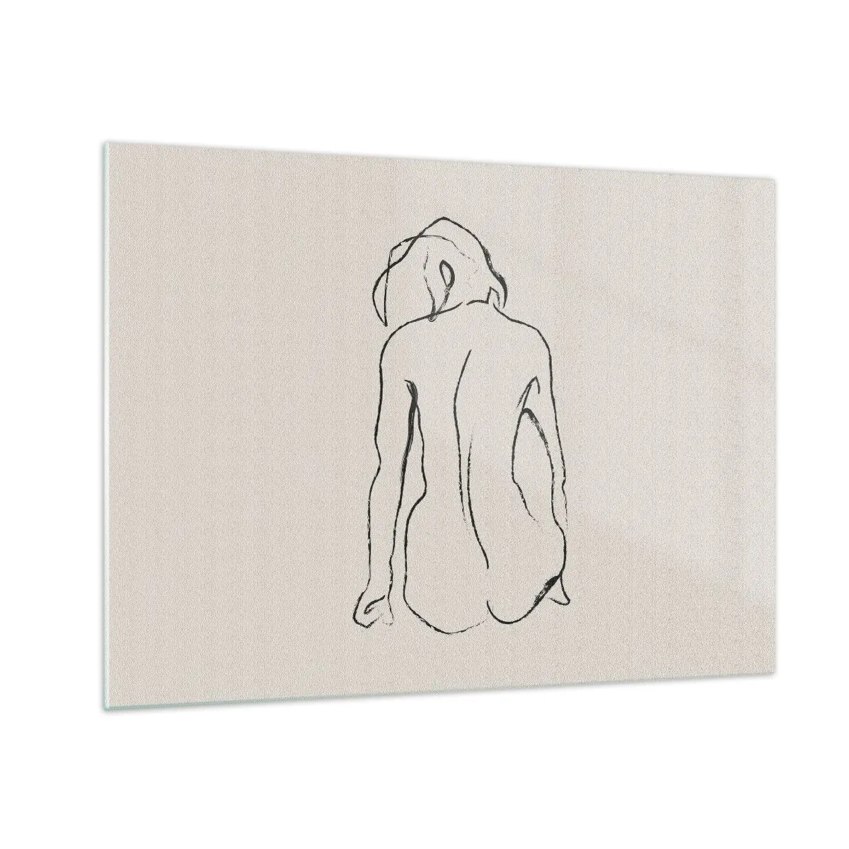 Schilderen op glas - Een delicate schets van een zittende vrouw, getekend in zwart op een lichte achtergrond. - 70x50cm - Naakt meisje - Moderne wanddecoratie voor woonkamer en slaapkamer ARTTOR