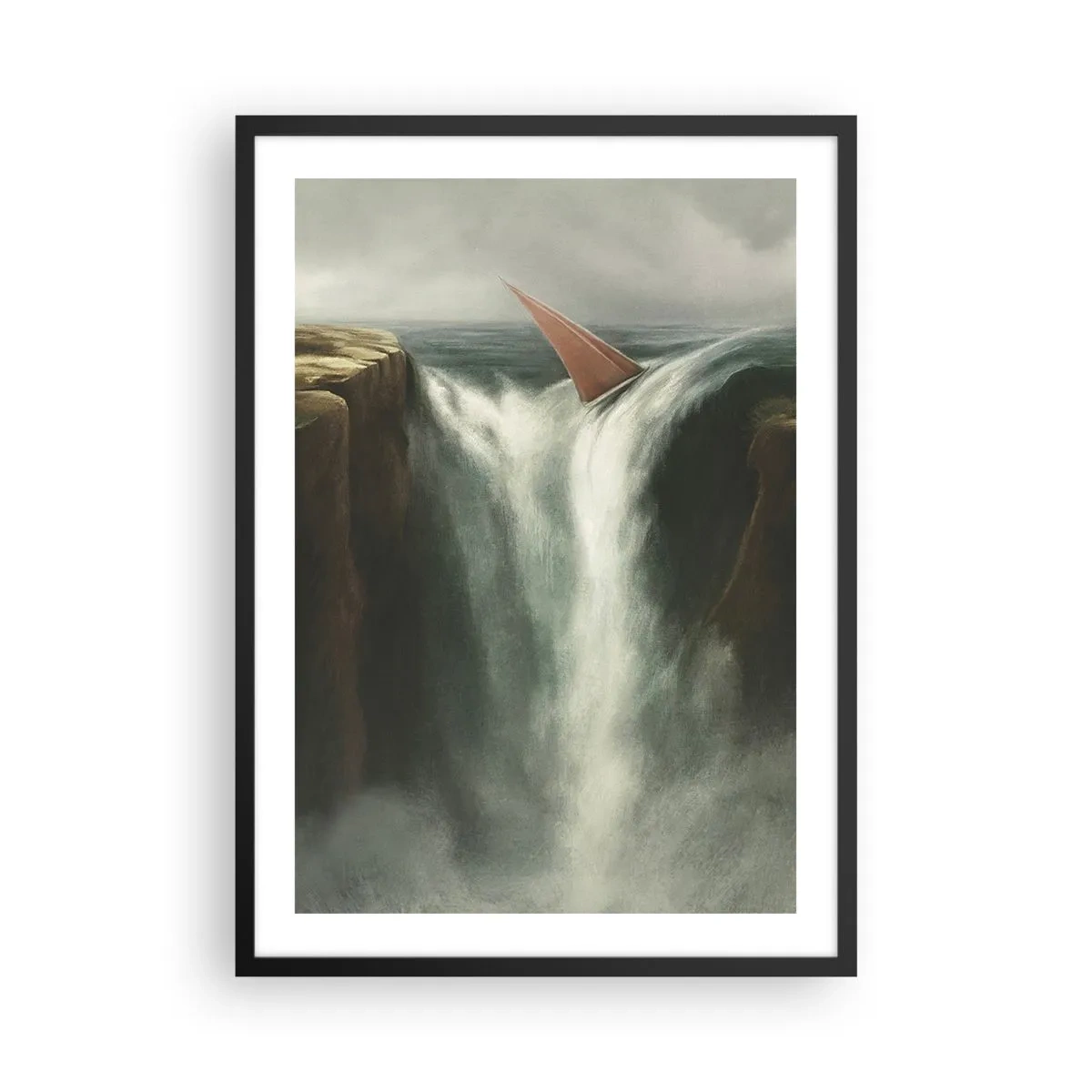 Poster in een zwarte lijst - Een zeilboot stort over een waterval in een surrealistisch landschap. - 50x70cm - Een waarschuwing voor het leven - Moderne wanddecoratie voor woonkamer en slaapkamer ARTTOR
