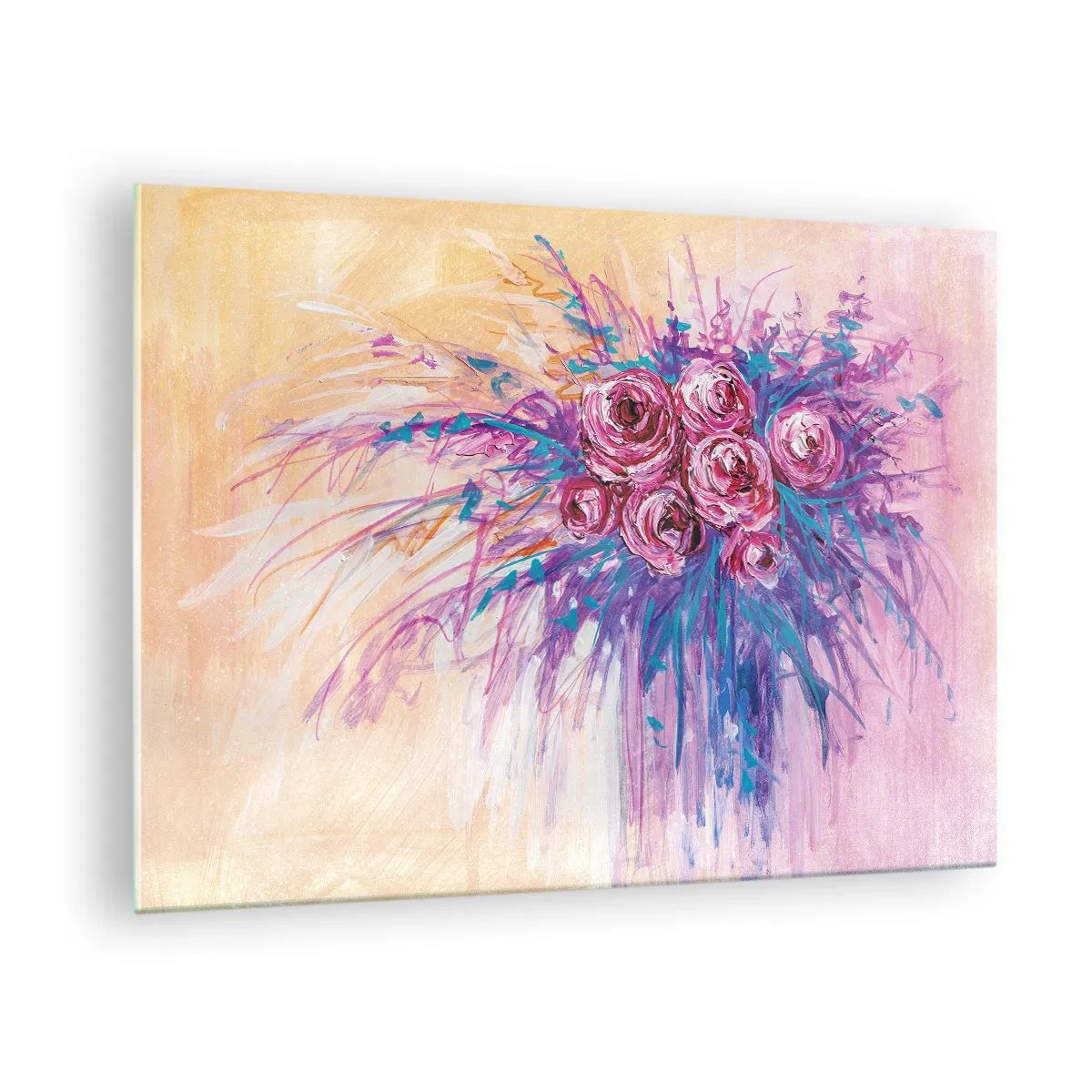 Schilderen op glas - Een boeket rozen in tinten roze en paars op een pastelkleurige achtergrond - 70x50cm - Rozenfontein - Moderne wanddecoratie voor woonkamer en slaapkamer ARTTOR