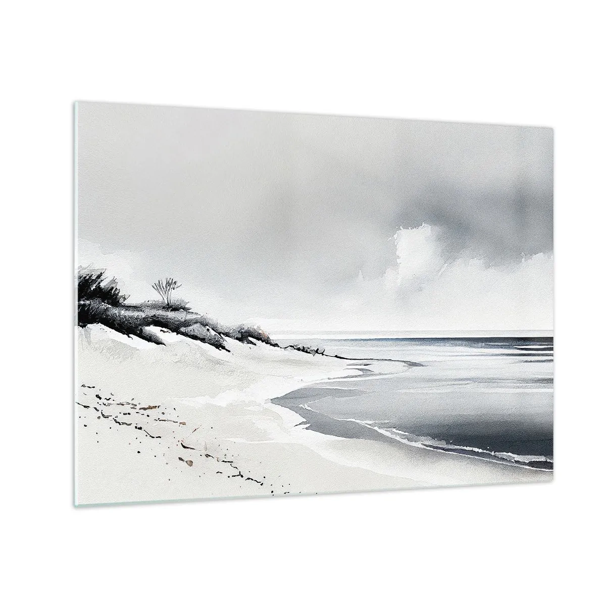 Schilderen op glas - Zwart-wit strand met horizon en kalme zee - 70x50cm - Voor altijd samen - Moderne wanddecoratie voor woonkamer en slaapkamer ARTTOR