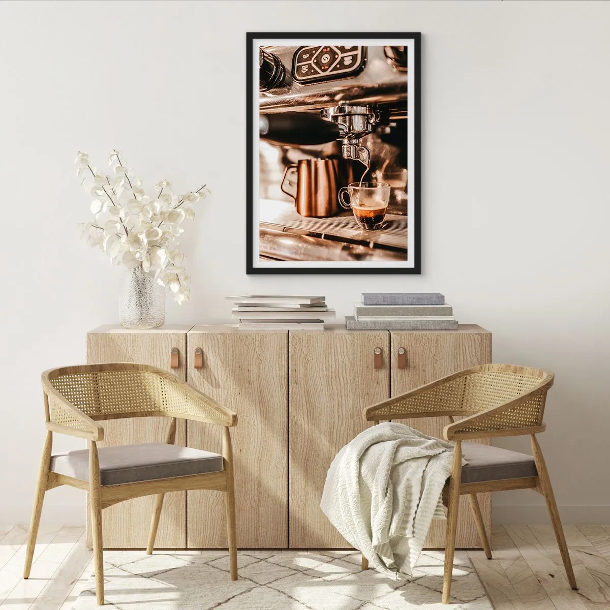 Poster in een zwarte lijst - Aromatische espresso uit de espressomachine - 50x70cm - Koffie gloed - Moderne wanddecoratie voor woonkamer en slaapkamer ARTTOR