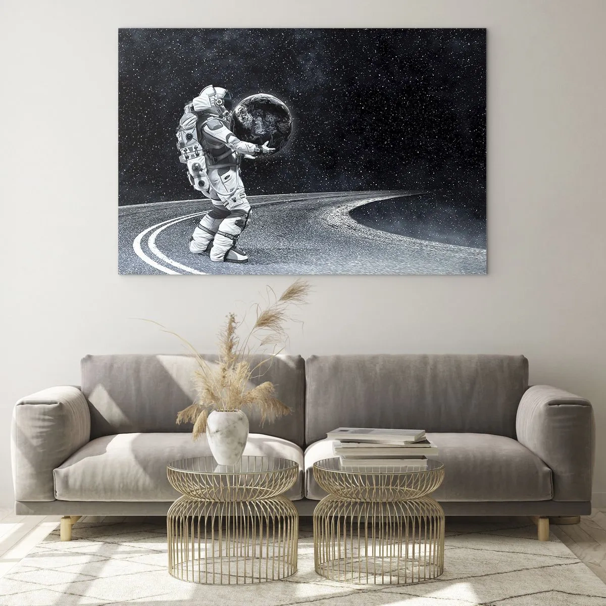 Schilderen op glas - Een astronaut die de aarde op zijn weg door het heelal draagt - 70x50cm - Op de Melkweg - Moderne wanddecoratie voor woonkamer en slaapkamer ARTTOR