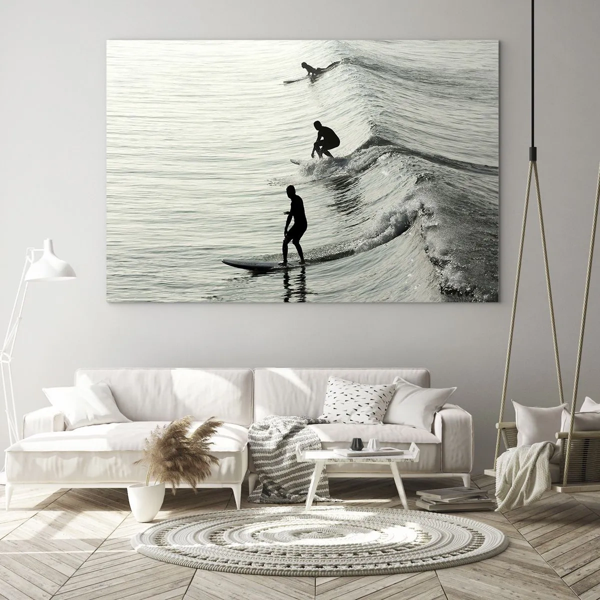 Schilderen op glas - Drie surfers rijden 's ochtends op de golven - 70x50cm - Om de golf te ontmoeten - Moderne wanddecoratie voor woonkamer en slaapkamer ARTTOR