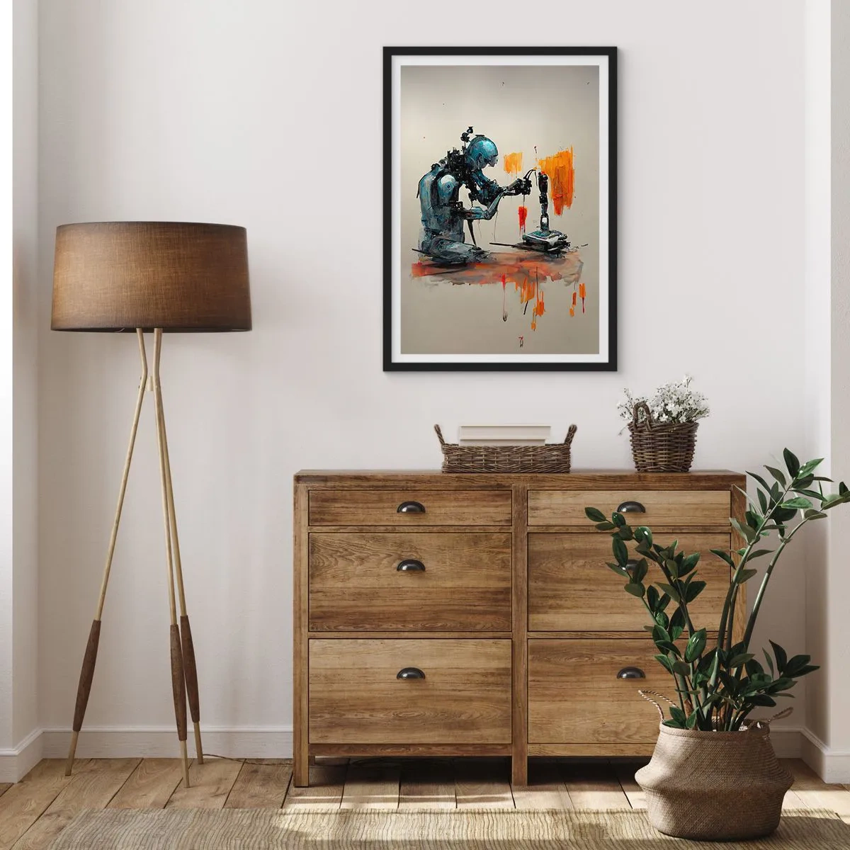 Poster in een zwarte lijst - Een cybernetische robot die kunst creëert. - 50x70cm - Morgen al… - Moderne wanddecoratie voor woonkamer en slaapkamer ARTTOR
