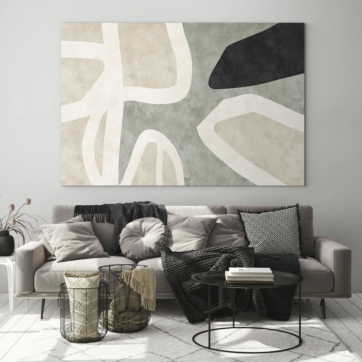 Schilderen op glas - Abstracte vormen in beige en groen met een vleugje zwart - 70x50cm - Compositie met een zwart motief - Moderne wanddecoratie voor woonkamer en slaapkamer ARTTOR