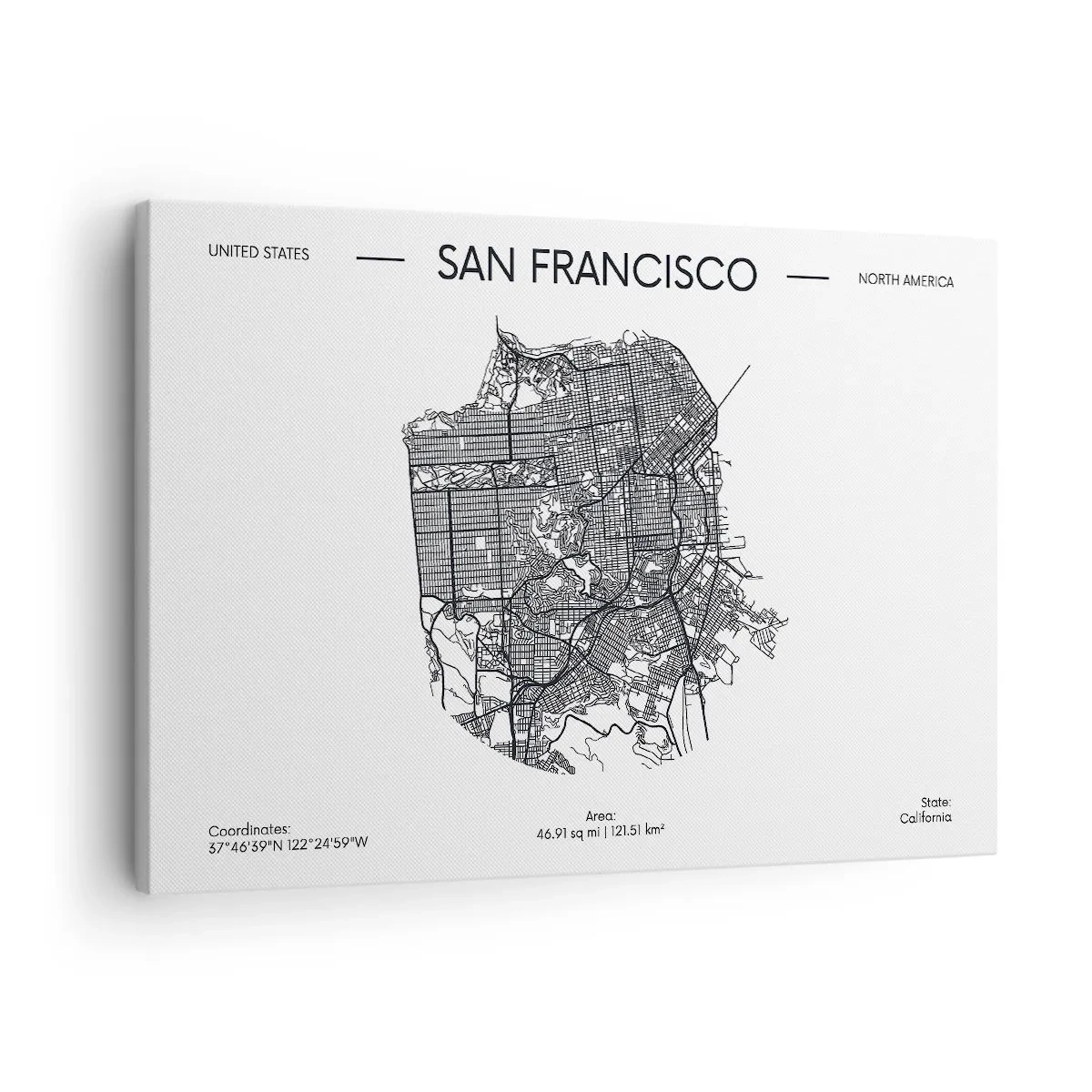 Schilderen op canvas - Een kaart van San Francisco in een minimalistische zwart-witstijl. - 70x50cm - Anatomie van San Francisco - Moderne wanddecoratie voor woonkamer en slaapkamer ARTTOR
