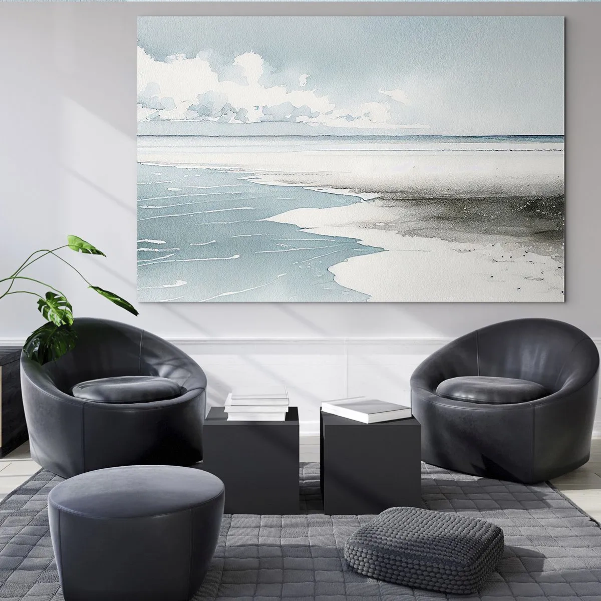Schilderen op glas - Een rustig zeegezicht, geschilderd in aquarelstijl en uitgevoerd in blauwtinten. - 70x50cm - Zachte vloed - Moderne wanddecoratie voor woonkamer en slaapkamer ARTTOR