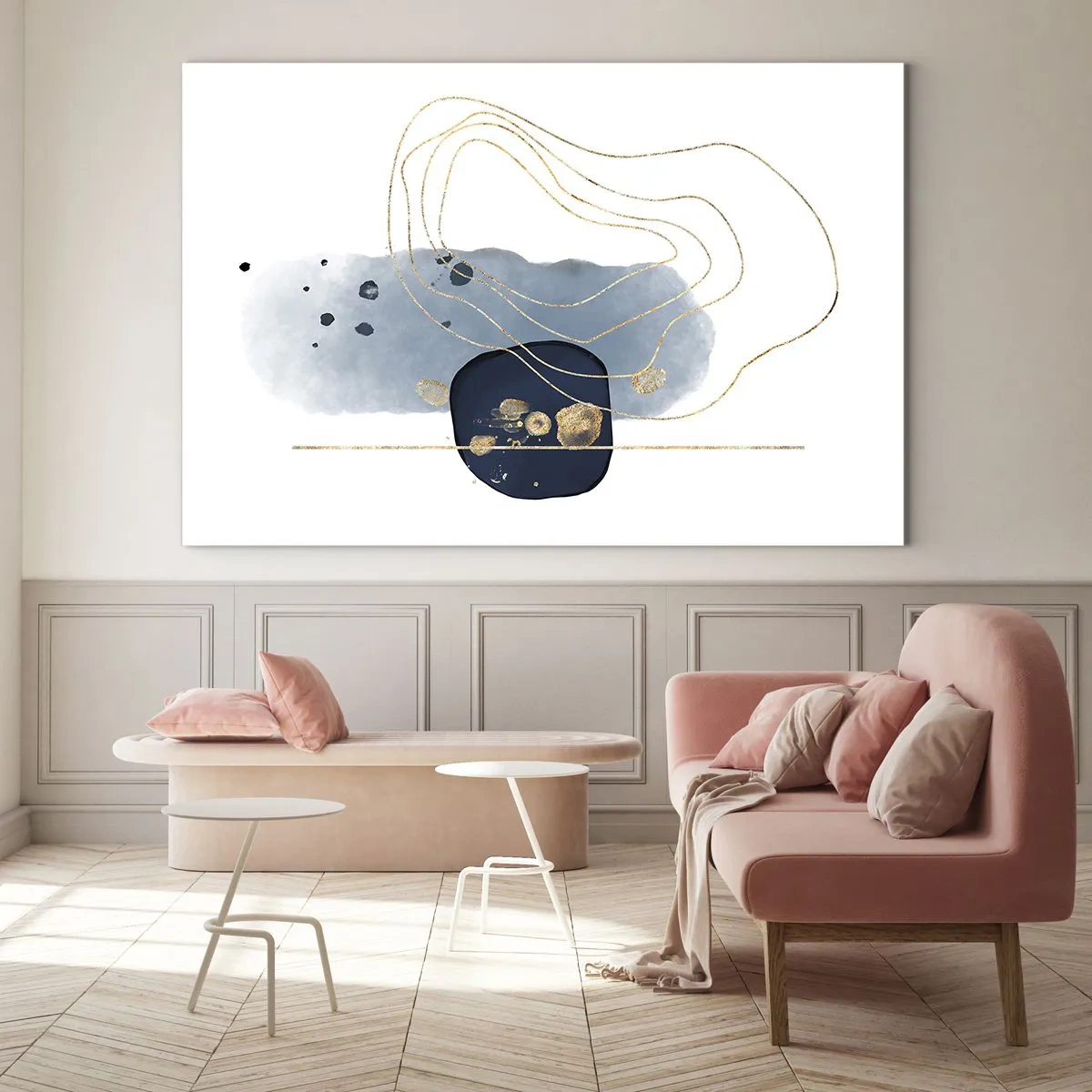 Schilderen op glas - Abstracte compositie in blauwe en gouden tinten - 70x50cm - Blauw en goud fantasie - Moderne wanddecoratie voor woonkamer en slaapkamer ARTTOR