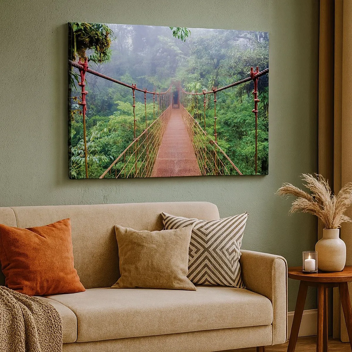 Schilderen op canvas - Een hangbrug in een tropische jungle omgeven door mist - 70x50cm - Opgehangen over de kronen - Moderne wanddecoratie voor woonkamer en slaapkamer ARTTOR