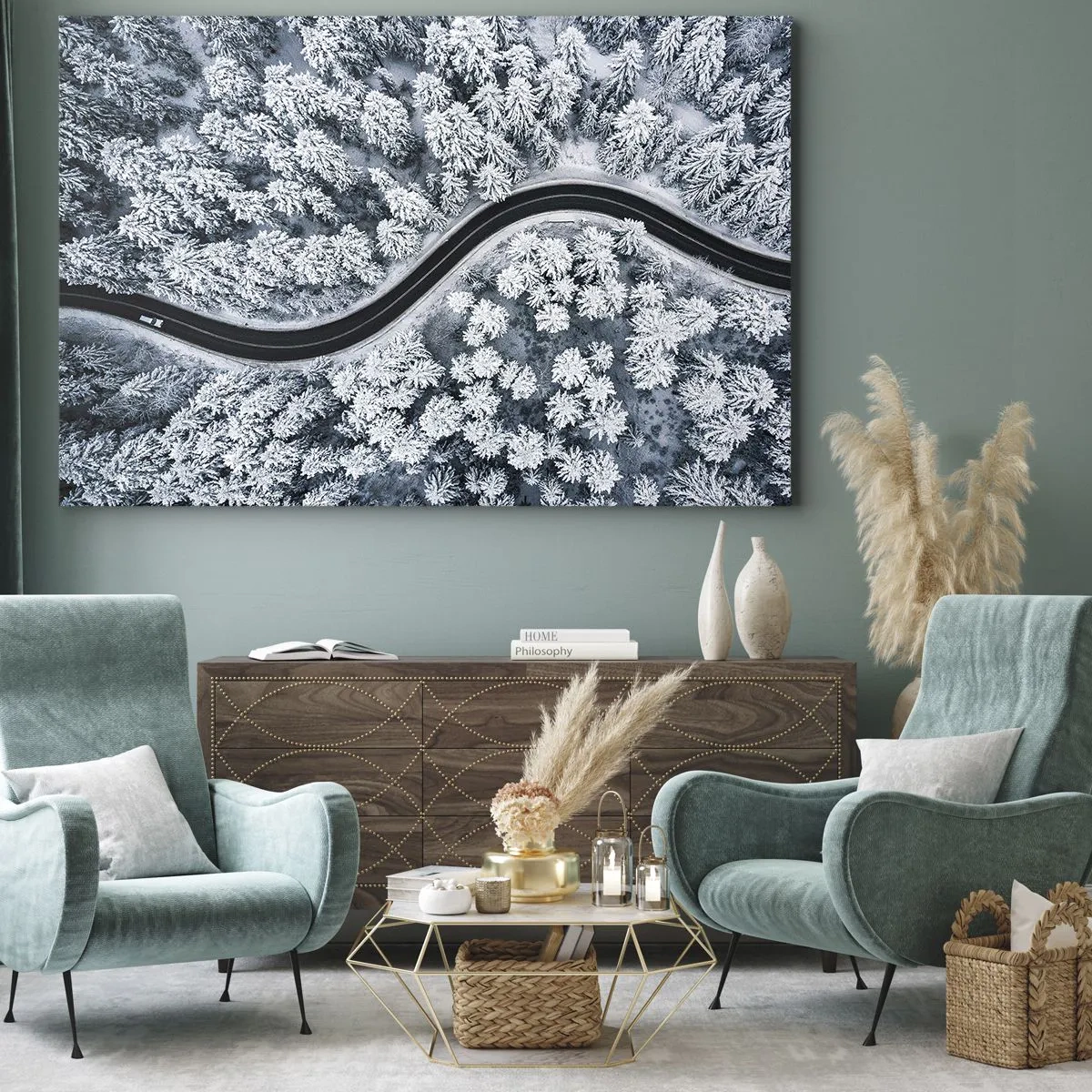 Schilderen op canvas - Een vogelperspectief van een kronkelende weg in een winterbos - 70x50cm - Door het winterbos - Moderne wanddecoratie voor woonkamer en slaapkamer ARTTOR