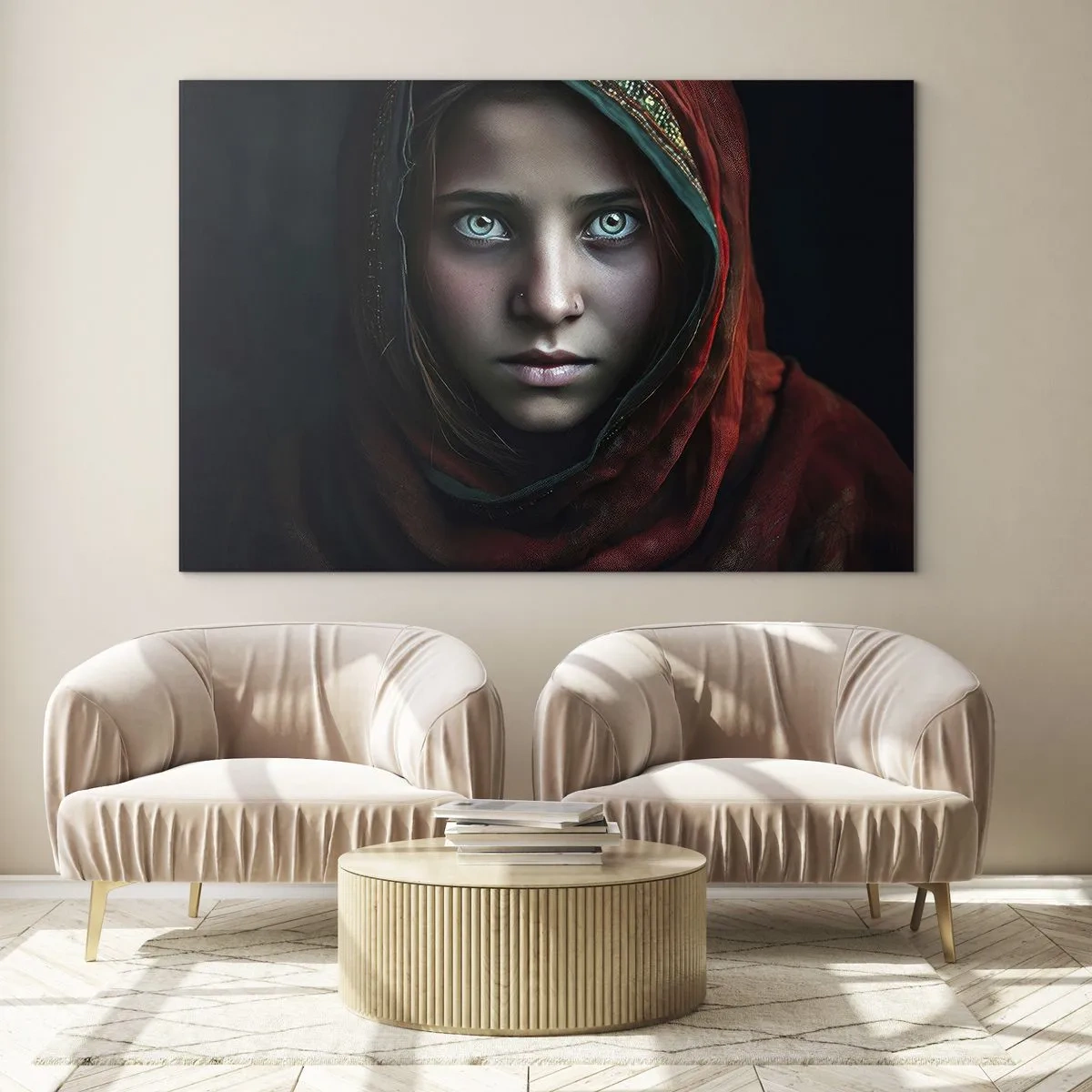 Schilderen op glas - Portret van een vrouw met een rode sjaal tegen een donkere achtergrond - 70x50cm - Oosterse prinses - Moderne wanddecoratie voor woonkamer en slaapkamer ARTTOR