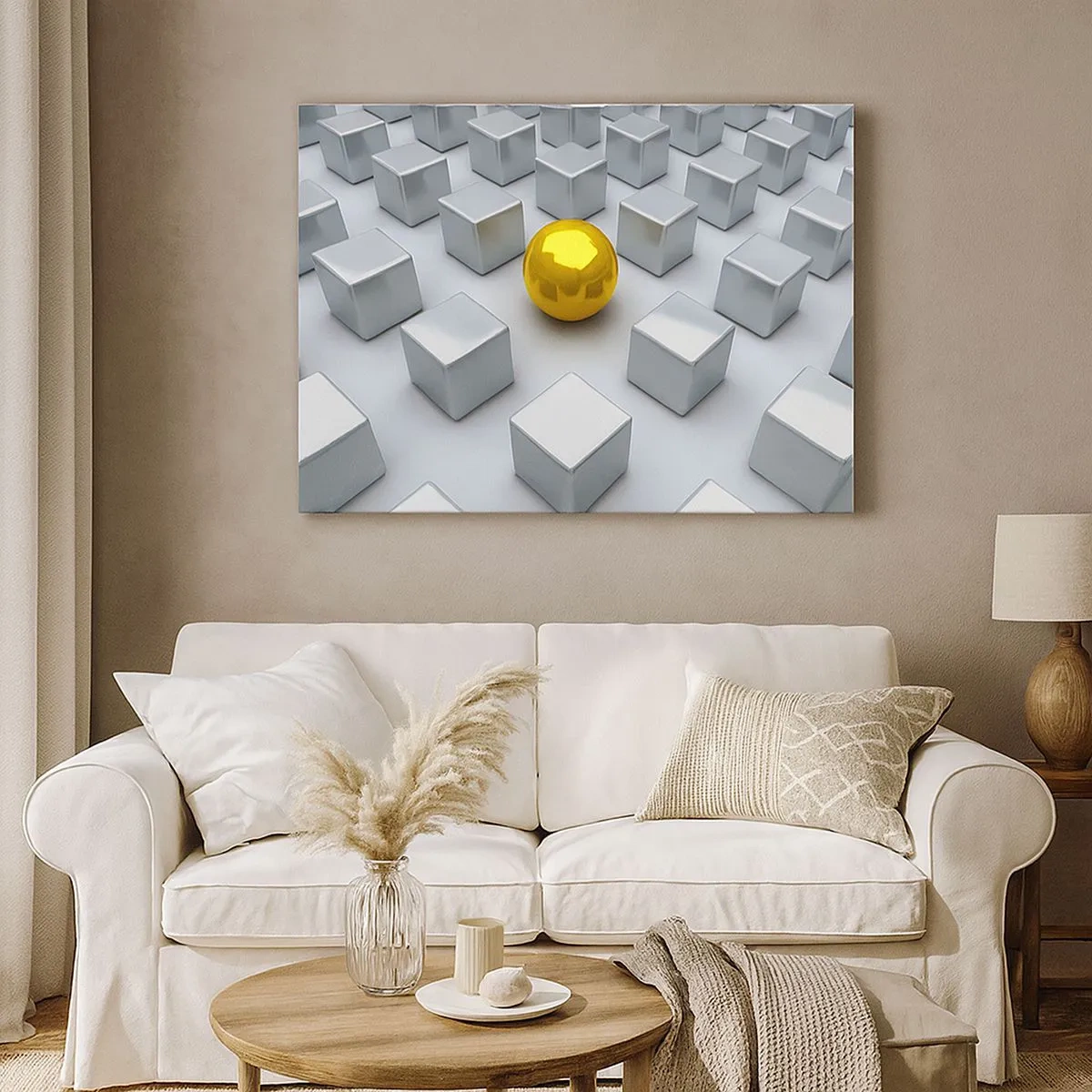 Schilderen op canvas - Een gouden bol die opvalt tussen de zilveren kubussen - 70x50cm - Waarom ik? Geometrische compositie - Moderne wanddecoratie voor woonkamer en slaapkamer ARTTOR