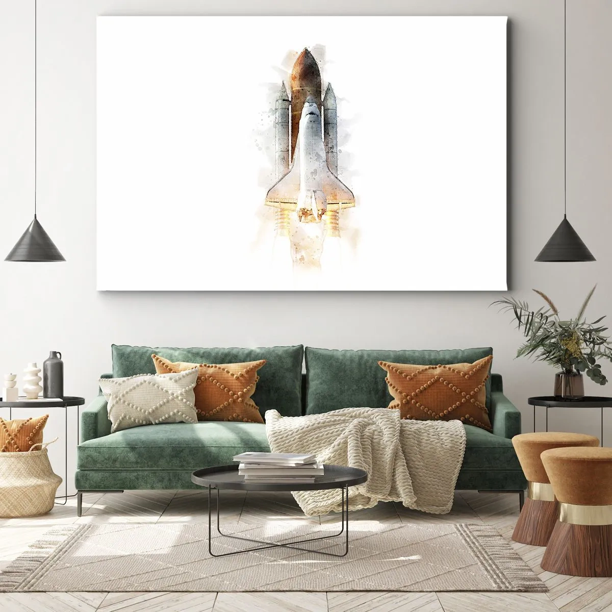 Schilderen op canvas - Een artistieke aquarelinterpretatie van een opstijgende spaceshuttle - 70x50cm - Ontdekkingsreizigers, aan de slag - Moderne wanddecoratie voor woonkamer en slaapkamer ARTTOR