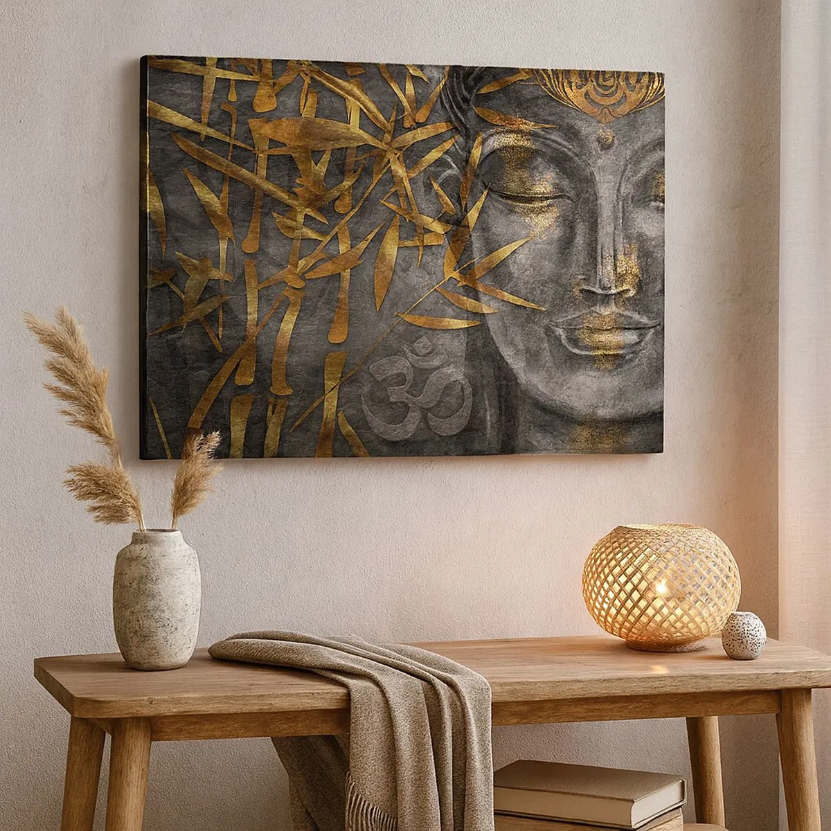 Schilderen op canvas - Zen Boeddhabeeld met gouden bamboe - 70x50cm - Voel de rust - Moderne wanddecoratie voor woonkamer en slaapkamer ARTTOR