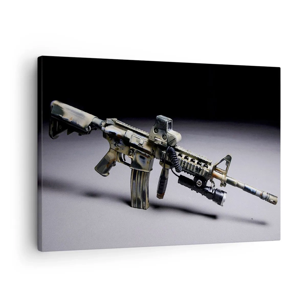 Schilderen op canvas - Modern wapen in camouflagekleur op een donkere achtergrond - 70x50cm - Altijd dreigend - Moderne wanddecoratie voor woonkamer en slaapkamer ARTTOR