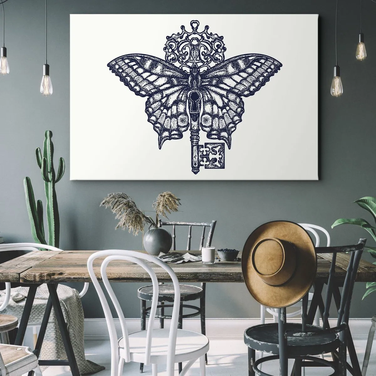 Schilderen op canvas - Stijlvolle vlinder- en sleutelafbeelding in minimalistische stijl - 70x50cm - Alle geheimen van het hart - Moderne wanddecoratie voor woonkamer en slaapkamer ARTTOR