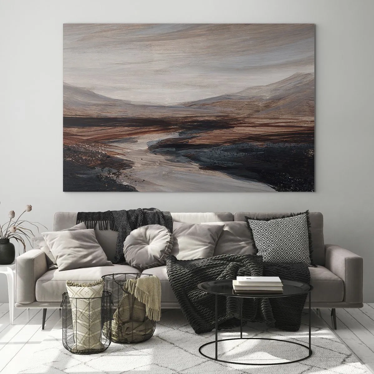 Schilderen op glas - Een pittoreske vallei met een rivier in tinten bruin en blauw - 70x50cm - Een rustige vallei - Moderne wanddecoratie voor woonkamer en slaapkamer ARTTOR