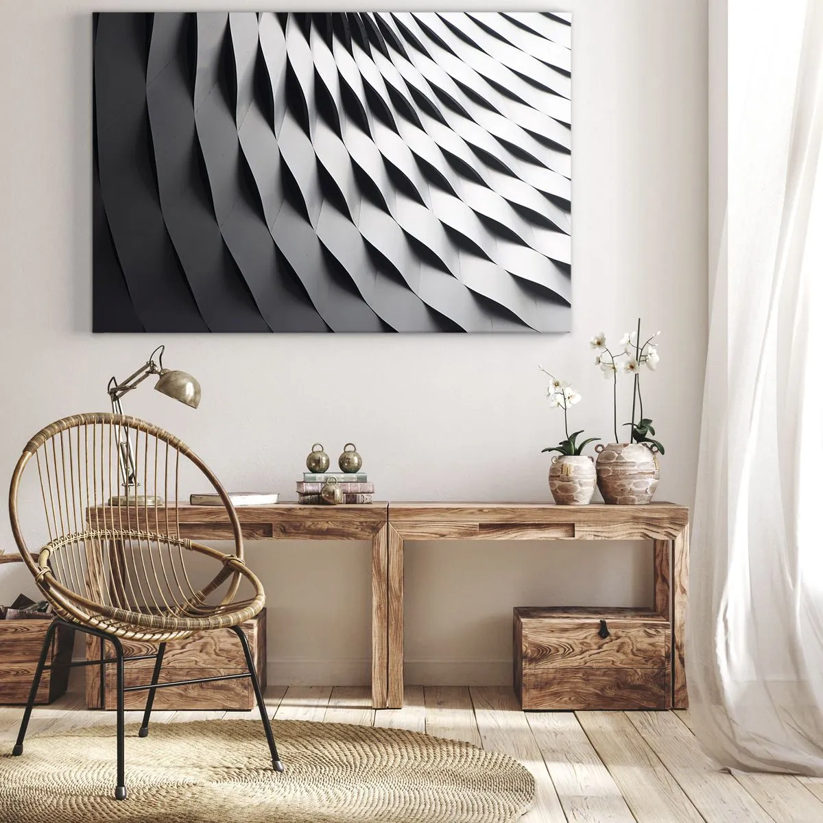 Schilderen op canvas - Abstract geometrisch patroon in tinten zwart en wit - 70x50cm - Aan de oppervlakte van de golven - Moderne wanddecoratie voor woonkamer en slaapkamer ARTTOR