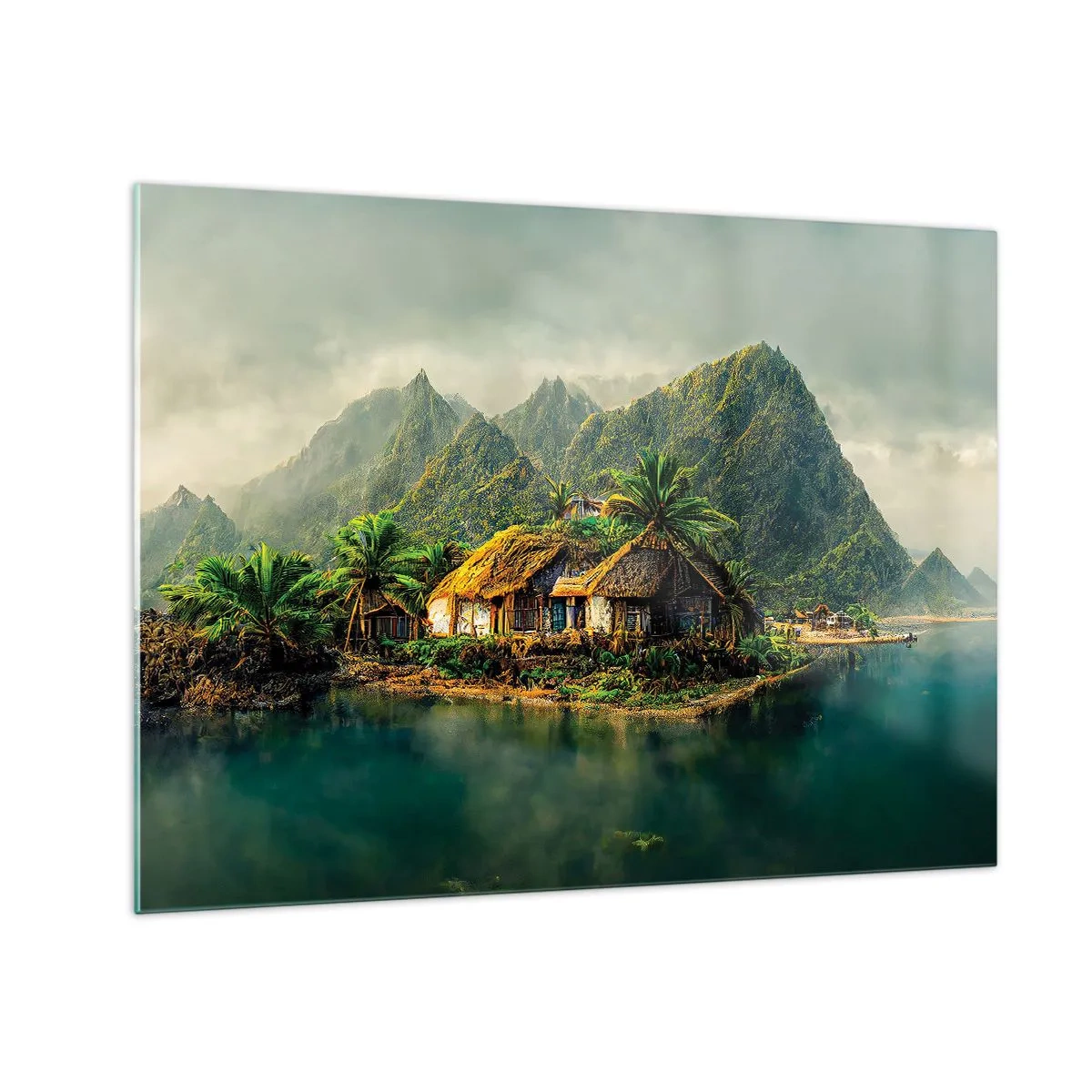 Schilderen op glas - Een tropisch dorp aan het water, omgeven door bergen en palmbomen - 70x50cm - Tropisch paradijs - Moderne wanddecoratie voor woonkamer en slaapkamer ARTTOR