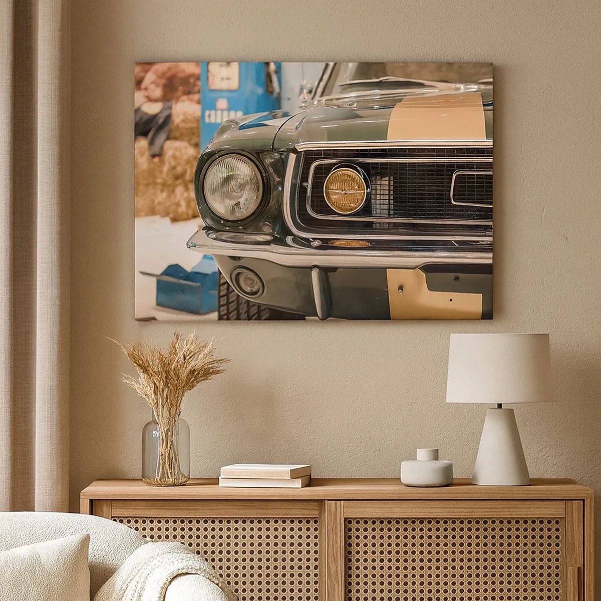 Schilderen op canvas - Een iconische retro-auto in een klassieke setting - 70x50cm - Ontmoeting met een legende - Moderne wanddecoratie voor woonkamer en slaapkamer ARTTOR