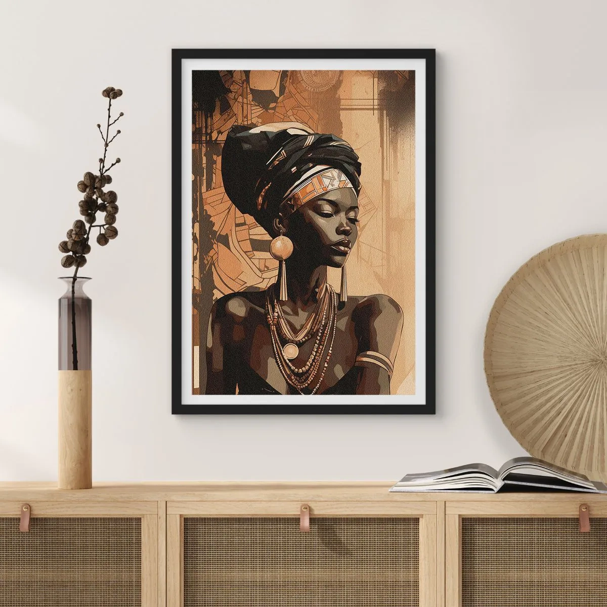 Poster in een zwarte lijst - Portret van een Afrikaanse vrouw met traditionele ornamenten - 50x70cm - Afrikaanse majesteit - Moderne wanddecoratie voor woonkamer en slaapkamer ARTTOR
