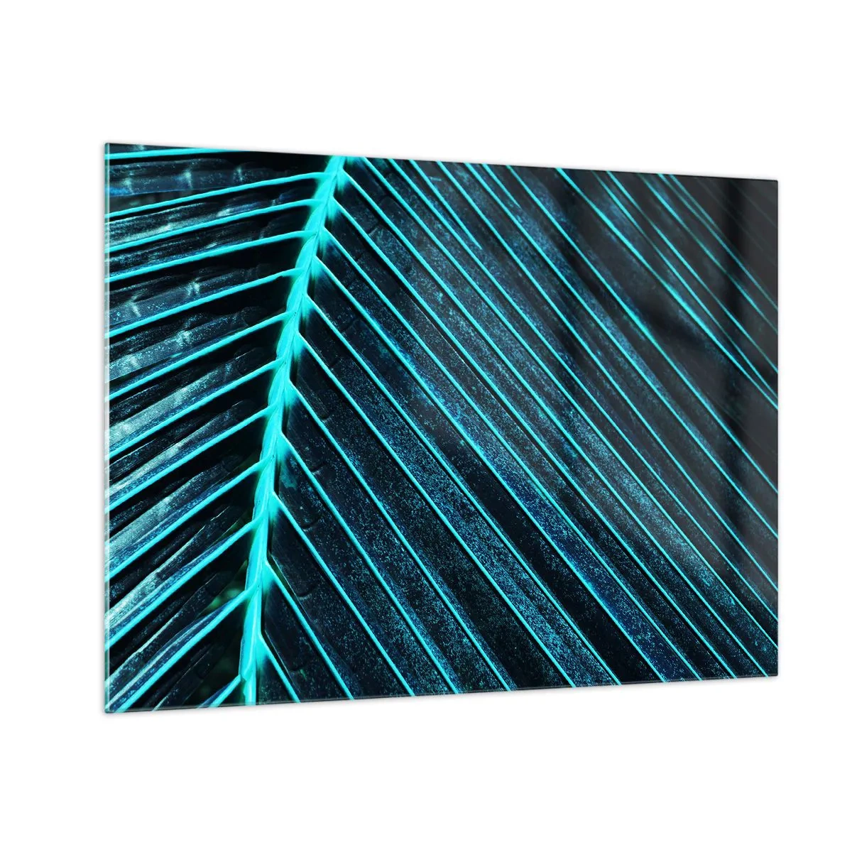 Schilderen op glas - Macrofotografie van een palmblad in turquoise tinten - 70x50cm - Groene textuur - Moderne wanddecoratie voor woonkamer en slaapkamer ARTTOR