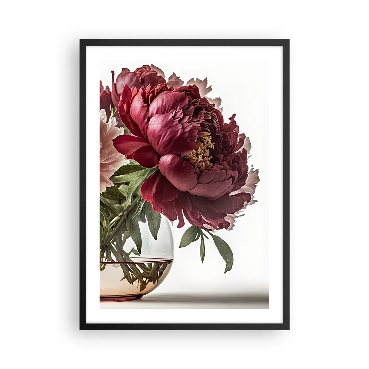 Poster in een zwarte lijst - Rode pioenrozen in een glazen vaas op een witte achtergrond - 50x70cm - In volle bloei van schoonheid - Moderne wanddecoratie voor woonkamer en slaapkamer ARTTOR