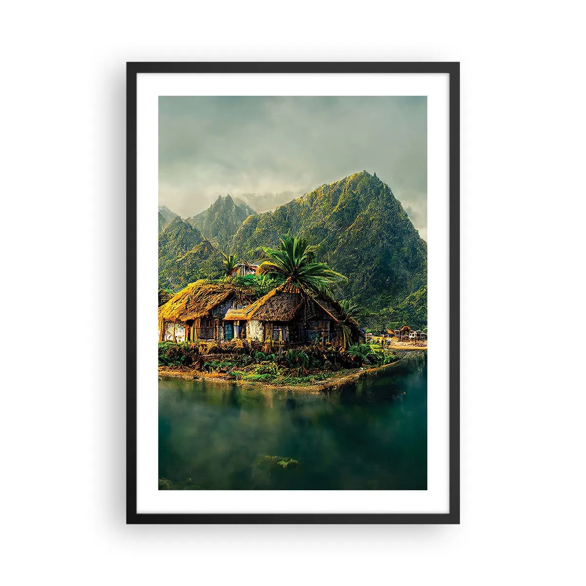 Poster in een zwarte lijst - Tropisch huisje met bergen en een meer op de achtergrond - 50x70cm - Tropisch paradijs - Moderne wanddecoratie voor woonkamer en slaapkamer ARTTOR