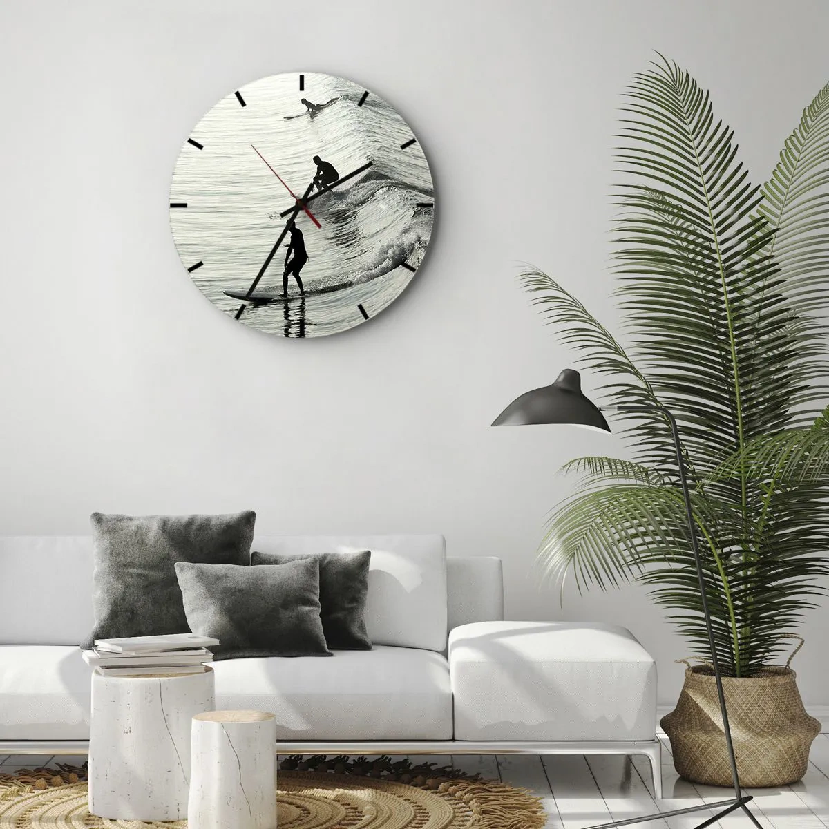Wandklok - Klok - Surfers vangen ochtendgolven op een kalme zee - 30x30cm - Om de golf te ontmoeten - Moderne wanddecoratie voor woonkamer, keuken en slaapkamer ARTTOR
