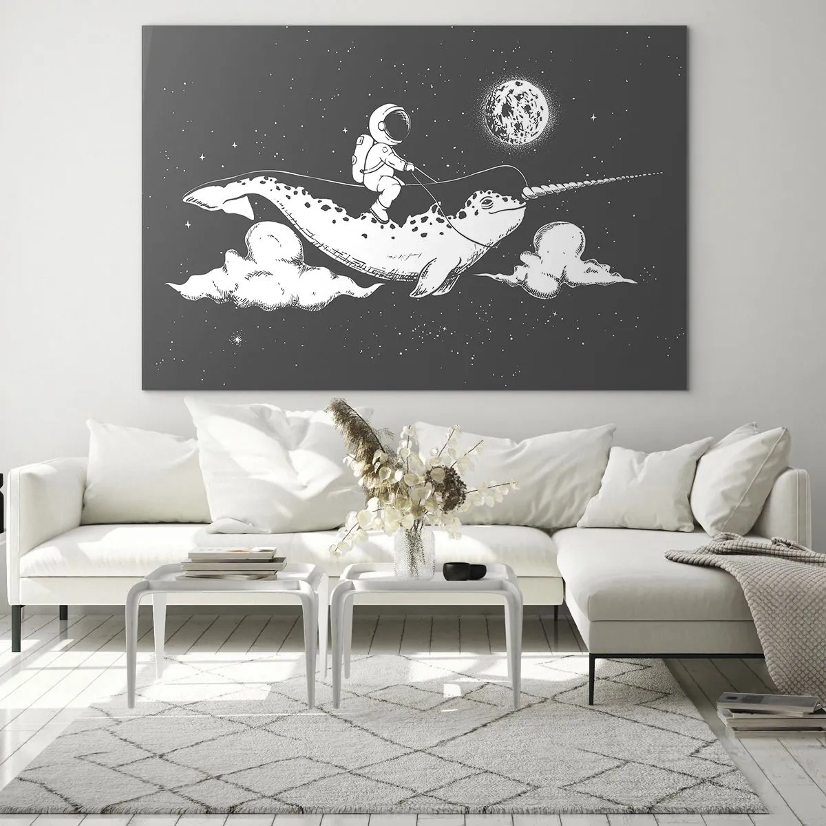 Schilderen op glas - Astronaut die op een narwal rijdt in een ruimteomgeving - 70x50cm - Ruimte Ruiter - Moderne wanddecoratie voor woonkamer en slaapkamer ARTTOR