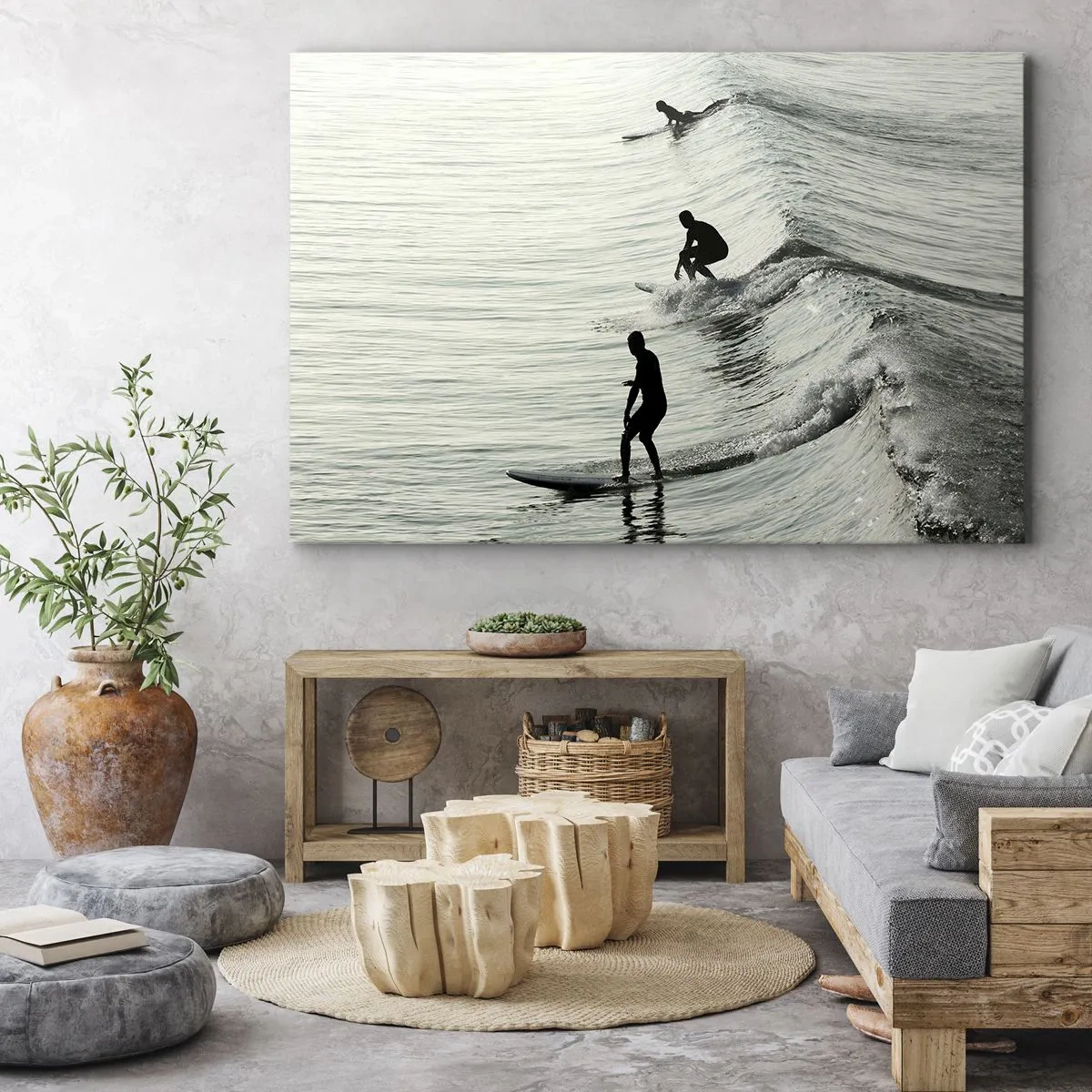 Schilderen op canvas - Surfers op de golven in een monochrome foto - 70x50cm - Om de golf te ontmoeten - Moderne wanddecoratie voor woonkamer en slaapkamer ARTTOR