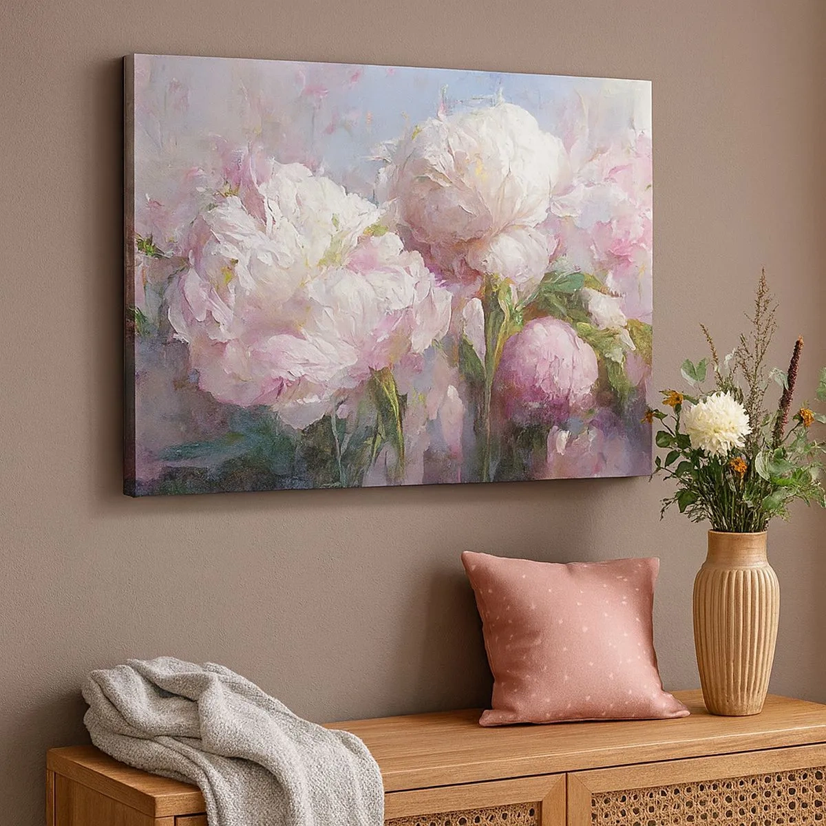 Schilderen op canvas - Romantische pioenrozen in pastelkleuren - 70x50cm - Een boeket vol leven - Moderne wanddecoratie voor woonkamer en slaapkamer ARTTOR