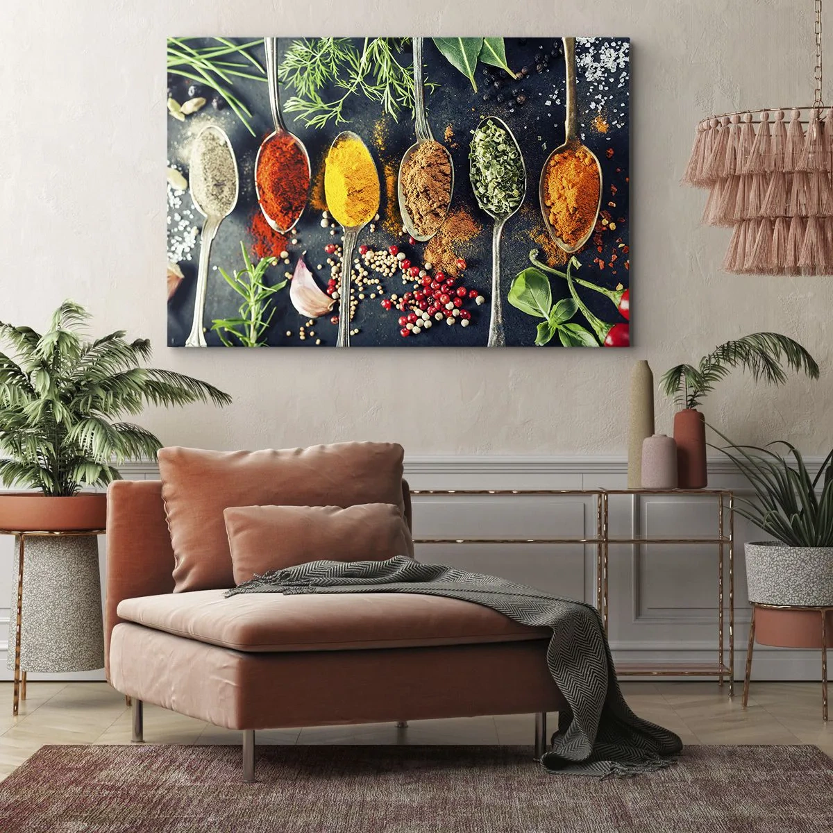 Schilderen op canvas - Kleurrijke kruiden op lepels met kruiden op de achtergrond - 70x50cm - Culinaire magie - Moderne wanddecoratie voor woonkamer en slaapkamer ARTTOR