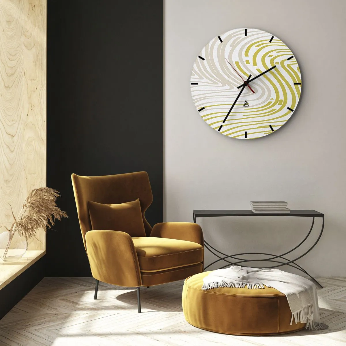 Wandklok - Klok - Abstracte lijnen in beige en geel creëren een wervelend patroon. - 30x30cm - Een compositie met een zachte buiging - Moderne wanddecoratie voor woonkamer, keuken en slaapkamer ARTTOR