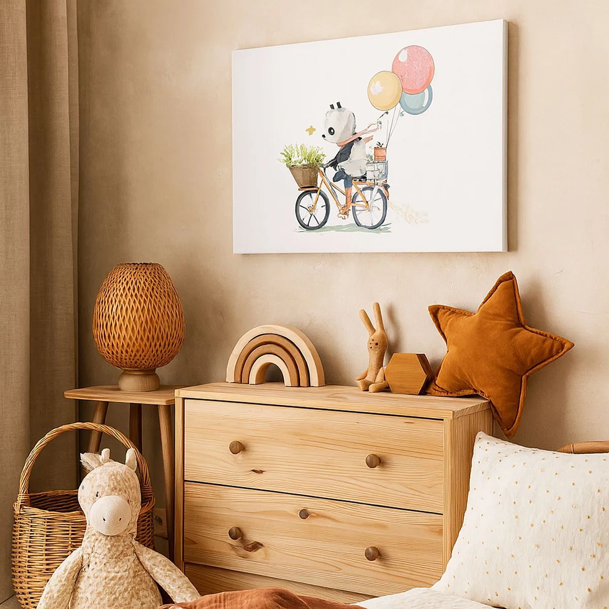 Schilderen op canvas - Panda op een fiets met ballonnen en bloemen - 70x50cm - Vrolijke dag - Moderne wanddecoratie voor woonkamer en slaapkamer ARTTOR