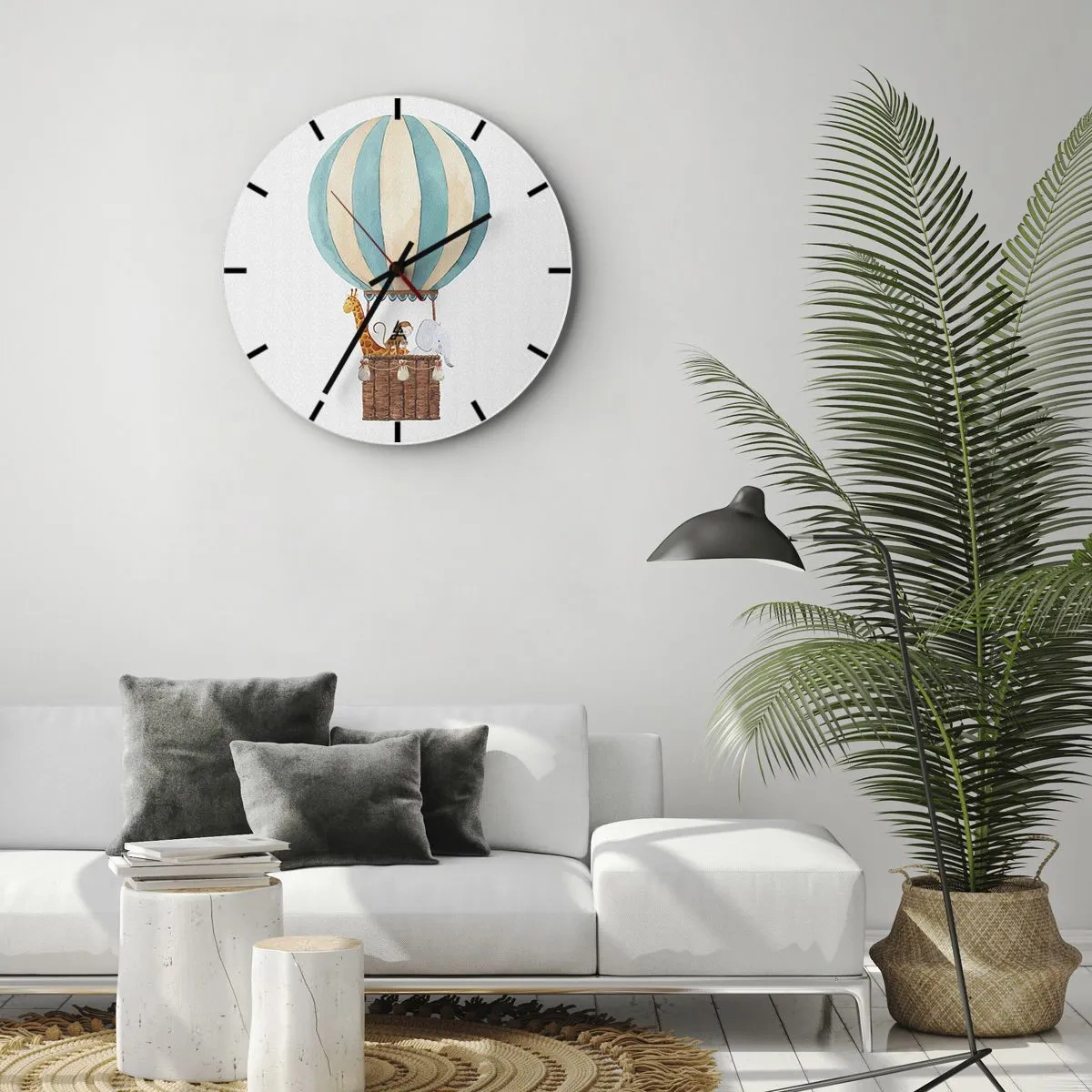 Wandklok - Klok - Een ballon met een giraf en een olifant die in de wolken zweven - 30x30cm - Fantastische reis - Moderne wanddecoratie voor woonkamer, keuken en slaapkamer ARTTOR