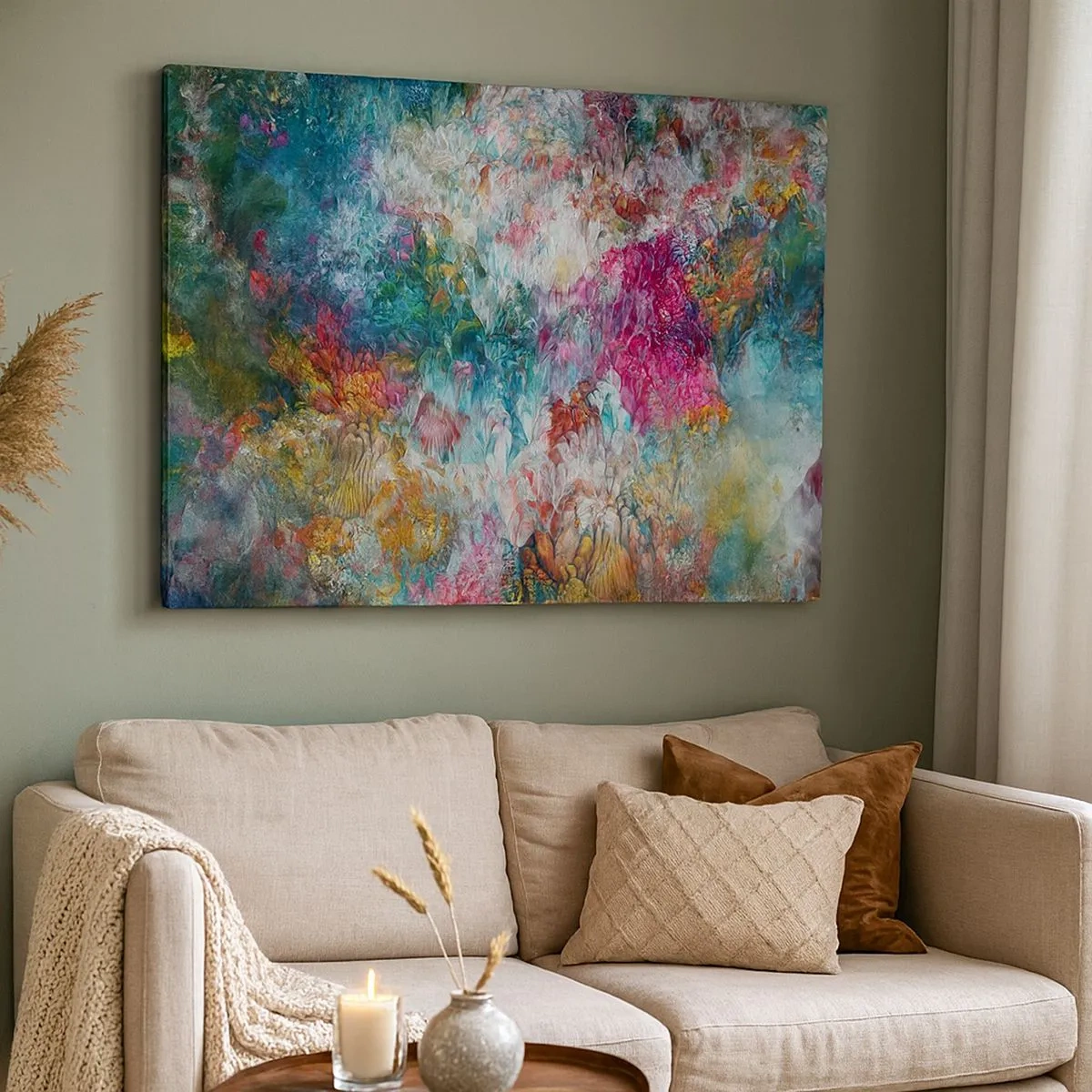 Schilderen op canvas - Een kleurrijke abstractie die lijkt op bloeiende bloemen - 70x50cm - Volledig in bloei - Moderne wanddecoratie voor woonkamer en slaapkamer ARTTOR