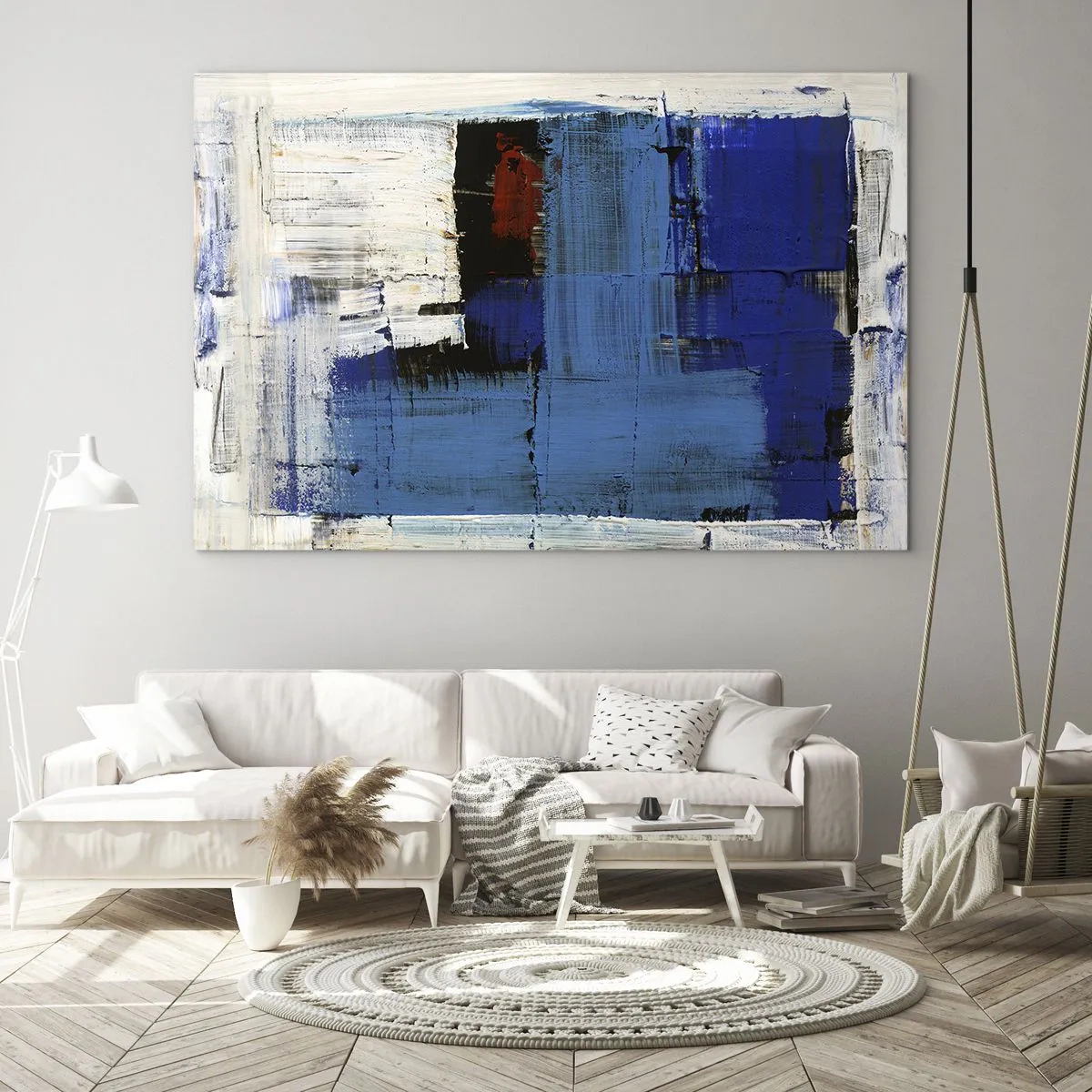 Schilderen op glas - Een abstracte compositie met een dominante blauwe kleur. - 70x50cm - Het geheim van blauw - Moderne wanddecoratie voor woonkamer en slaapkamer ARTTOR