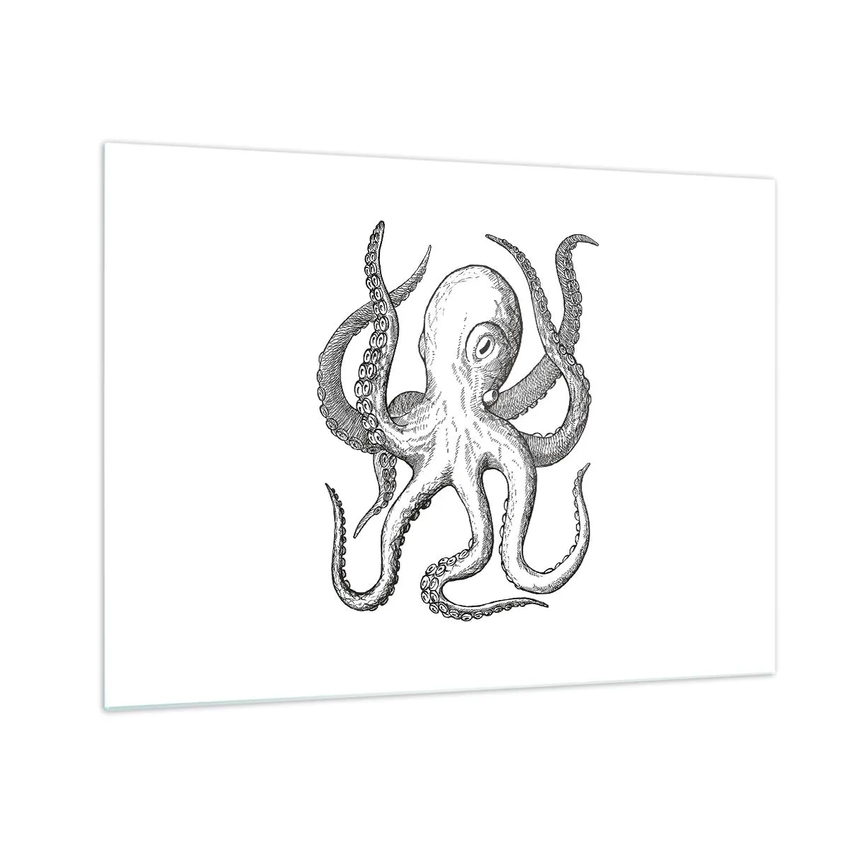 Schilderen op glas - Zwart-wit tekening van een octopus op een witte achtergrond - 70x50cm - Dansend met de golven - Moderne wanddecoratie voor woonkamer en slaapkamer ARTTOR