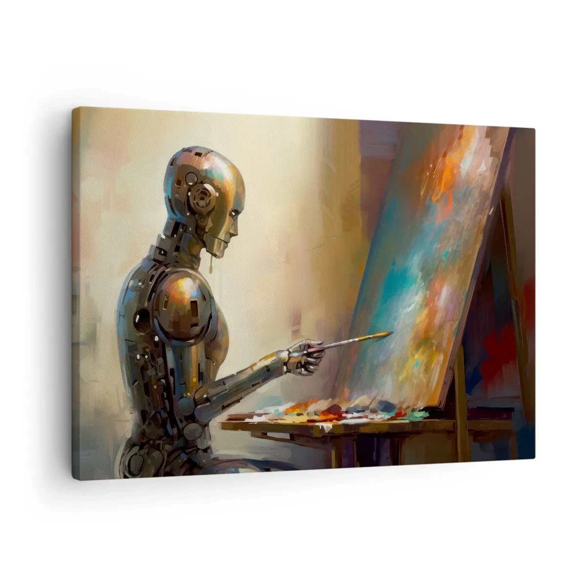 Schilderen op canvas - Een robot die op een canvas schildert in een artistieke stijl - 70x50cm - De kunst van de toekomst - Moderne wanddecoratie voor woonkamer en slaapkamer ARTTOR