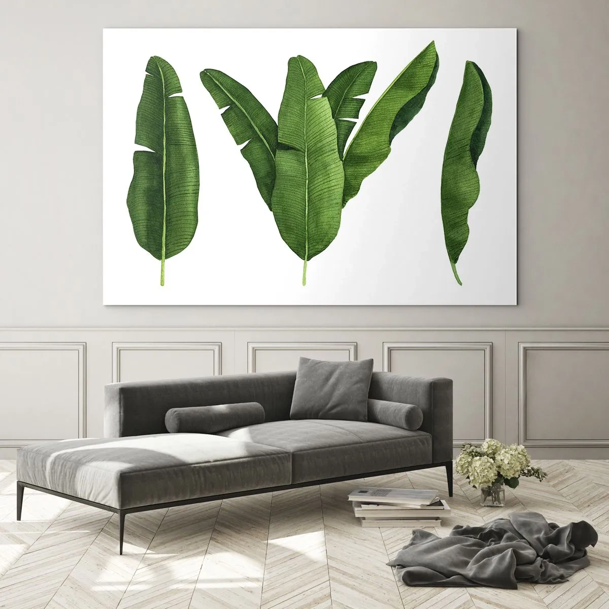Schilderen op glas - Vier groene bananenbladeren op een witte achtergrond - 70x50cm - Groene symmetrie - Moderne wanddecoratie voor woonkamer en slaapkamer ARTTOR