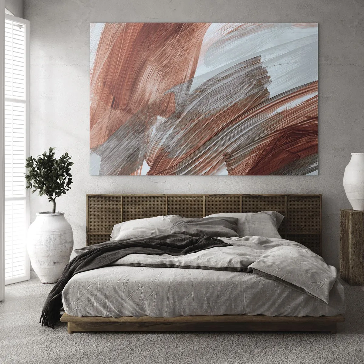 Schilderen op glas - Dynamische penseelstreken in warme herfstkleuren en koele blauwtinten. - 70x50cm - Herfst en winderige abstractie - Moderne wanddecoratie voor woonkamer en slaapkamer ARTTOR