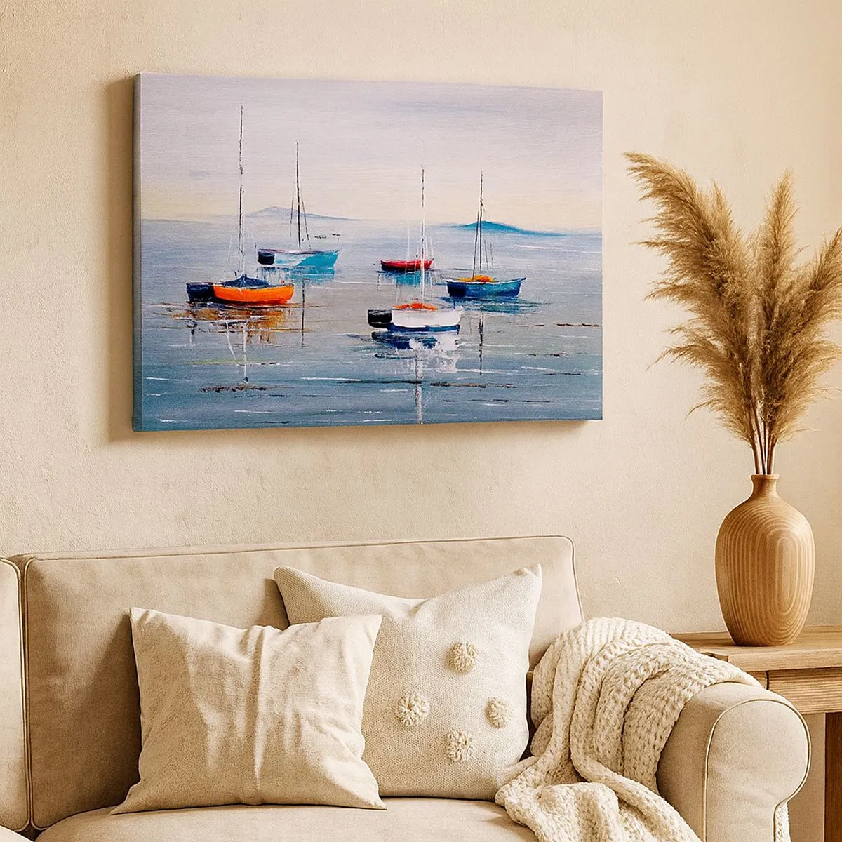 Schilderen op canvas - Kleurrijke boten op kalm water - 70x50cm - Een welverdiende rust - Moderne wanddecoratie voor woonkamer en slaapkamer ARTTOR