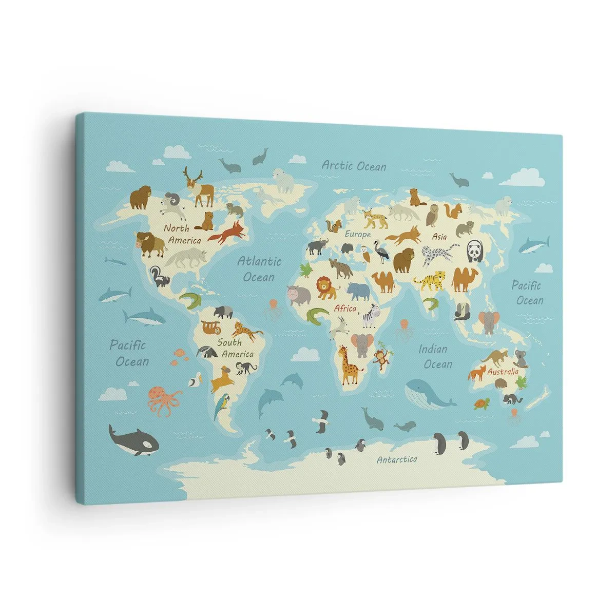Schilderen op canvas - Wereldkaart met dierenillustraties - 70x50cm - Goede buren - Moderne wanddecoratie voor woonkamer en slaapkamer ARTTOR