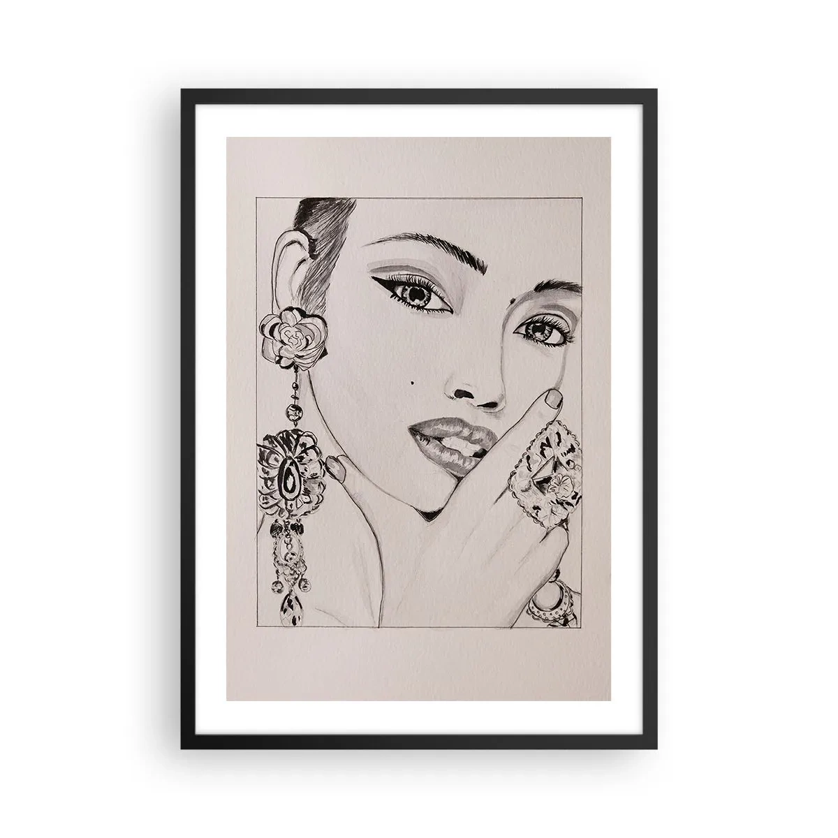 Poster in een zwarte lijst - Schets van een vrouw met glamoureuze sieraden - 50x70cm - Het mooiste juweeltje - Moderne wanddecoratie voor woonkamer en slaapkamer ARTTOR