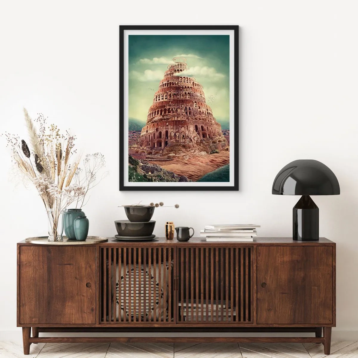Poster in een zwarte lijst - De mythische toren van Babel in een schilderachtig landschap - 50x70cm - Toren van Babel - Moderne wanddecoratie voor woonkamer en slaapkamer ARTTOR